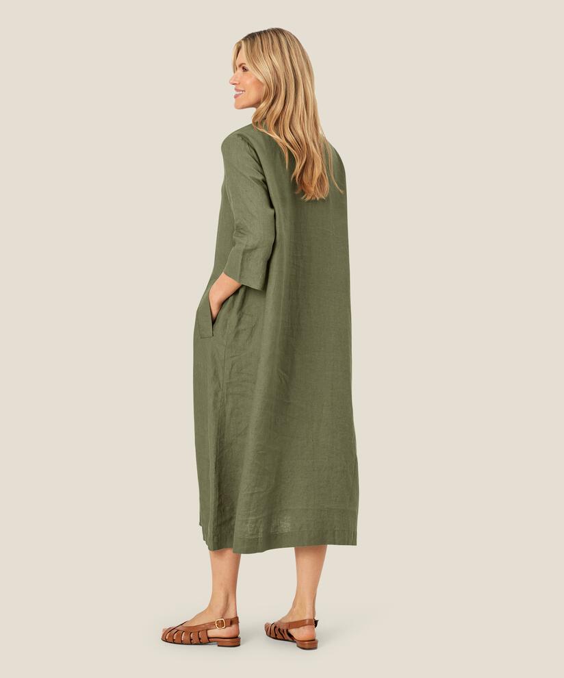 Leinenkleid mit V-Ausschnitt und Taschen, D. Lichen Green