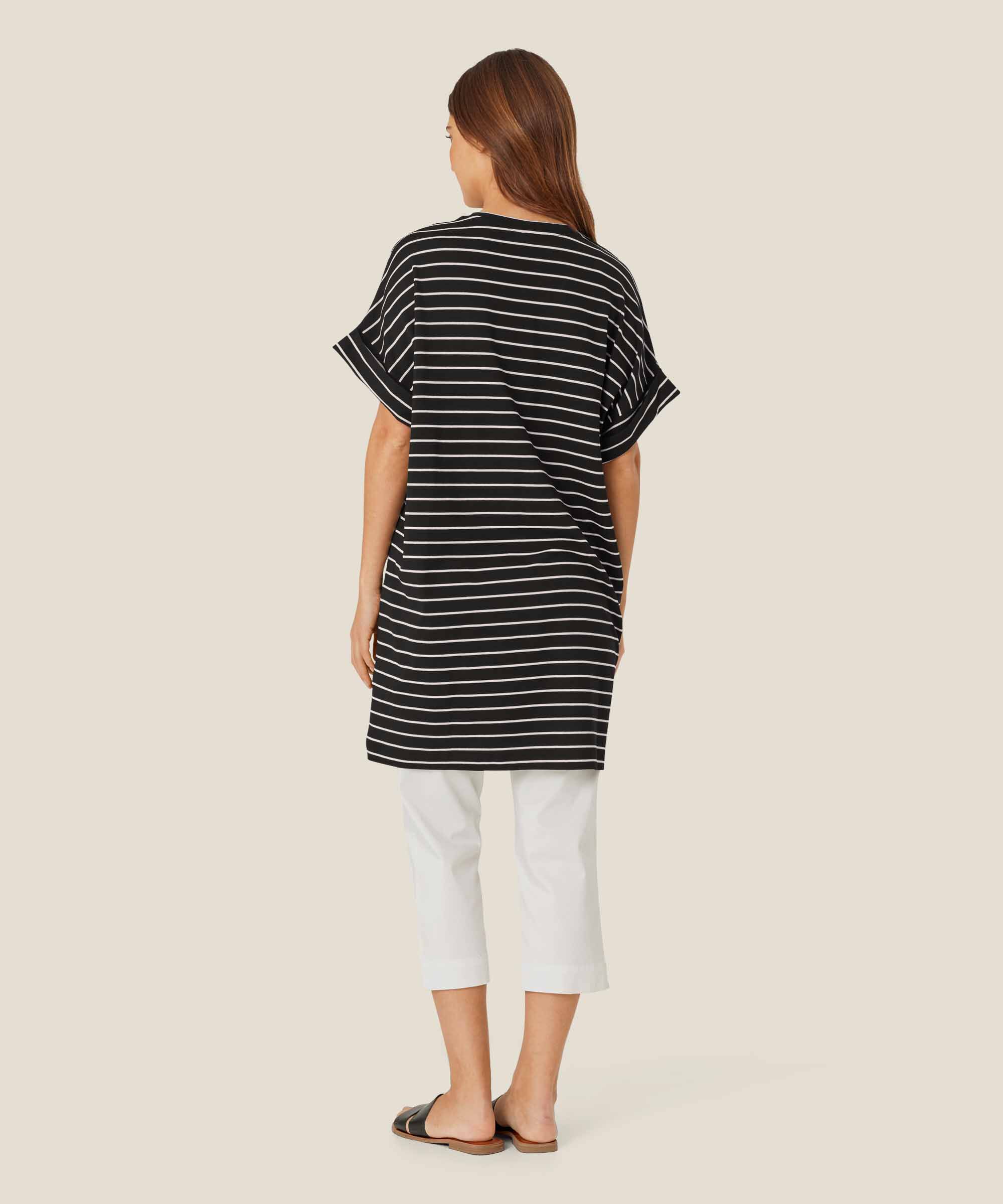 Gestreifte Jersey-Tunika mit V-Ausschnitt, Black