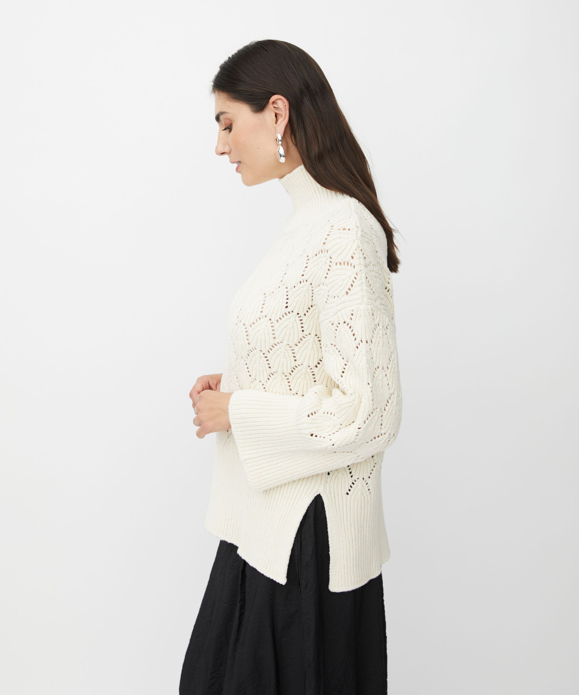 Strickpullover mit dekorativem Lochmuster und Rollkragen, Whitecap