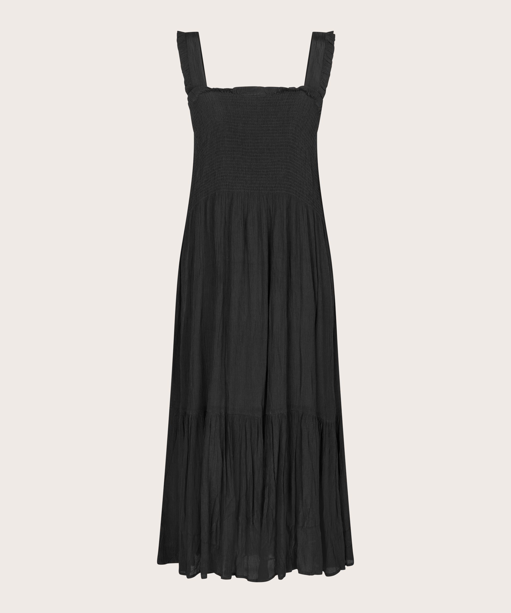 Viskosekleid mit Trägern und Smok über der Brust, Black