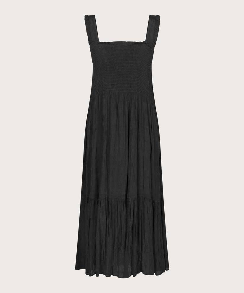 Viskosekleid mit Trägern und Smok über der Brust, Black