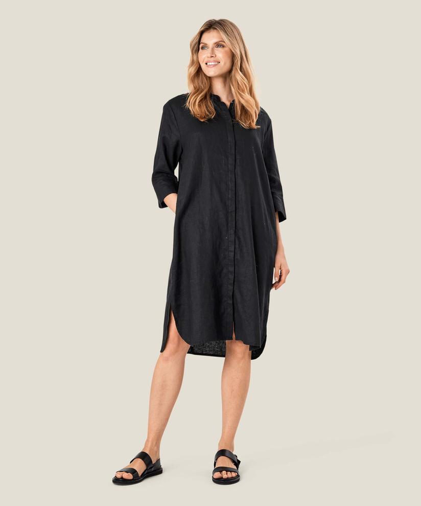 Hemdkleid aus Leinen mit Dreiviertelärmeln, Black