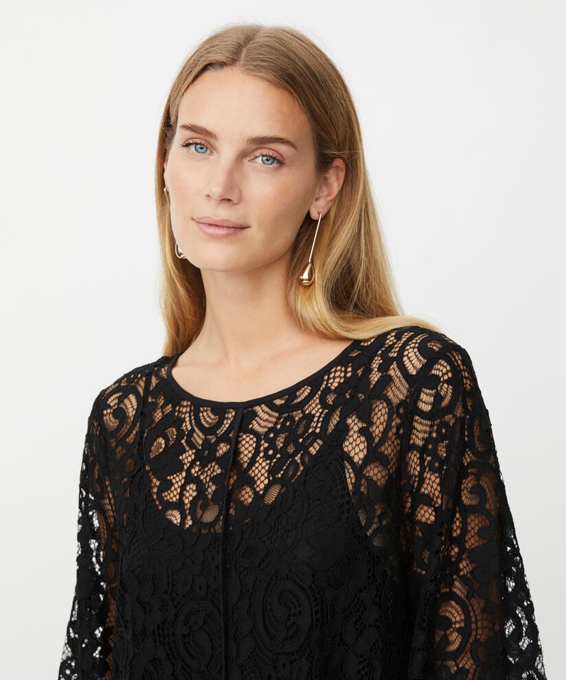 transparentes Spitzenkleid mit Fransen, Black