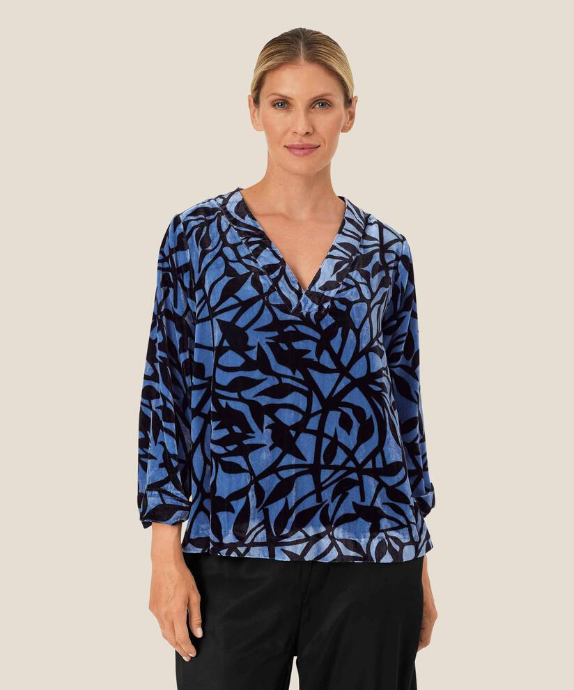 Veloursbluse mit V-Ausschnitt und Falten hinten, Federal Blue