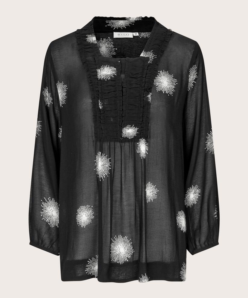 Transparente Viskosebluse mit Rüschendetails, Black