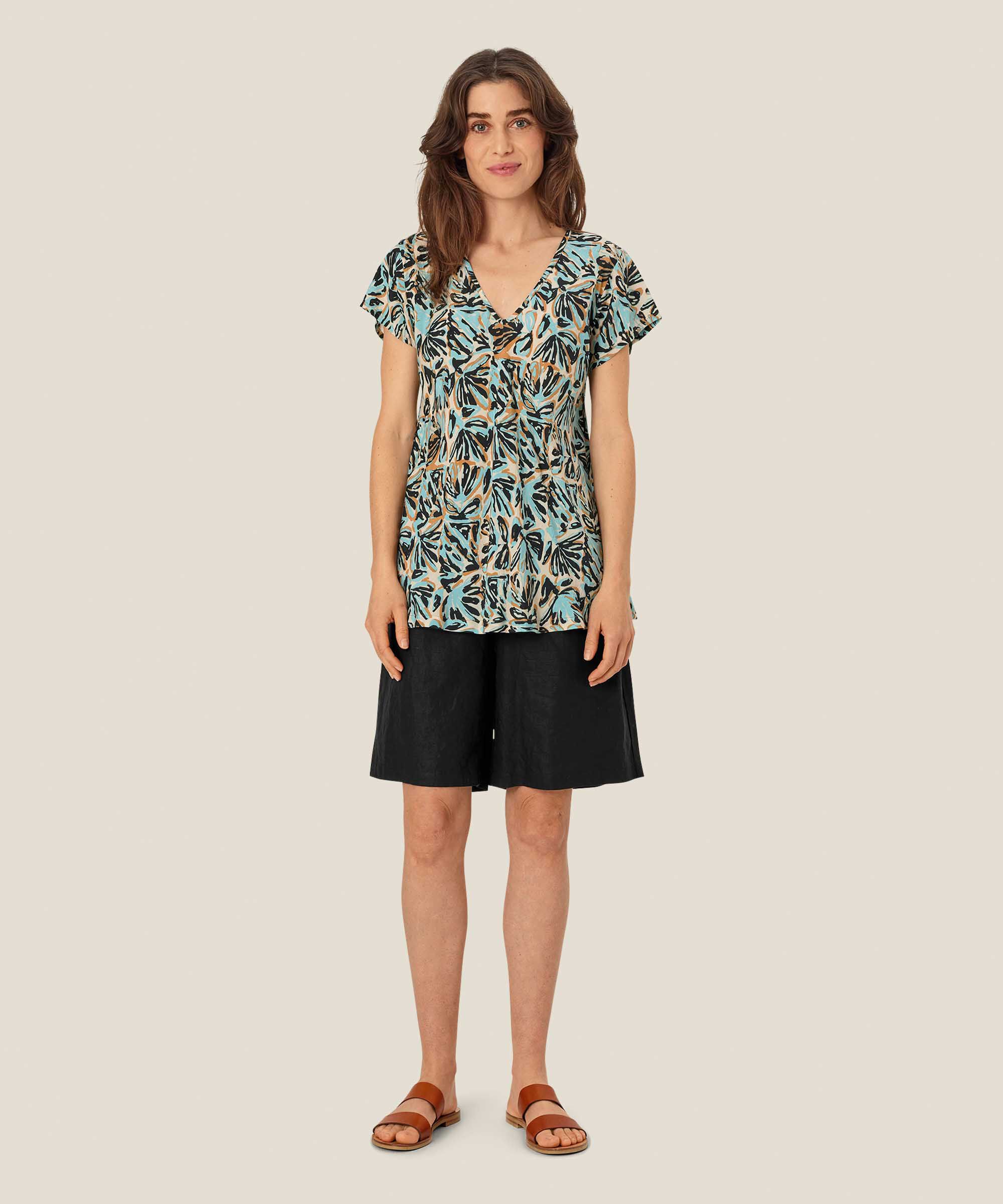 Bedrucktes Viskose-top Mit V-ausschnitt, Aqua