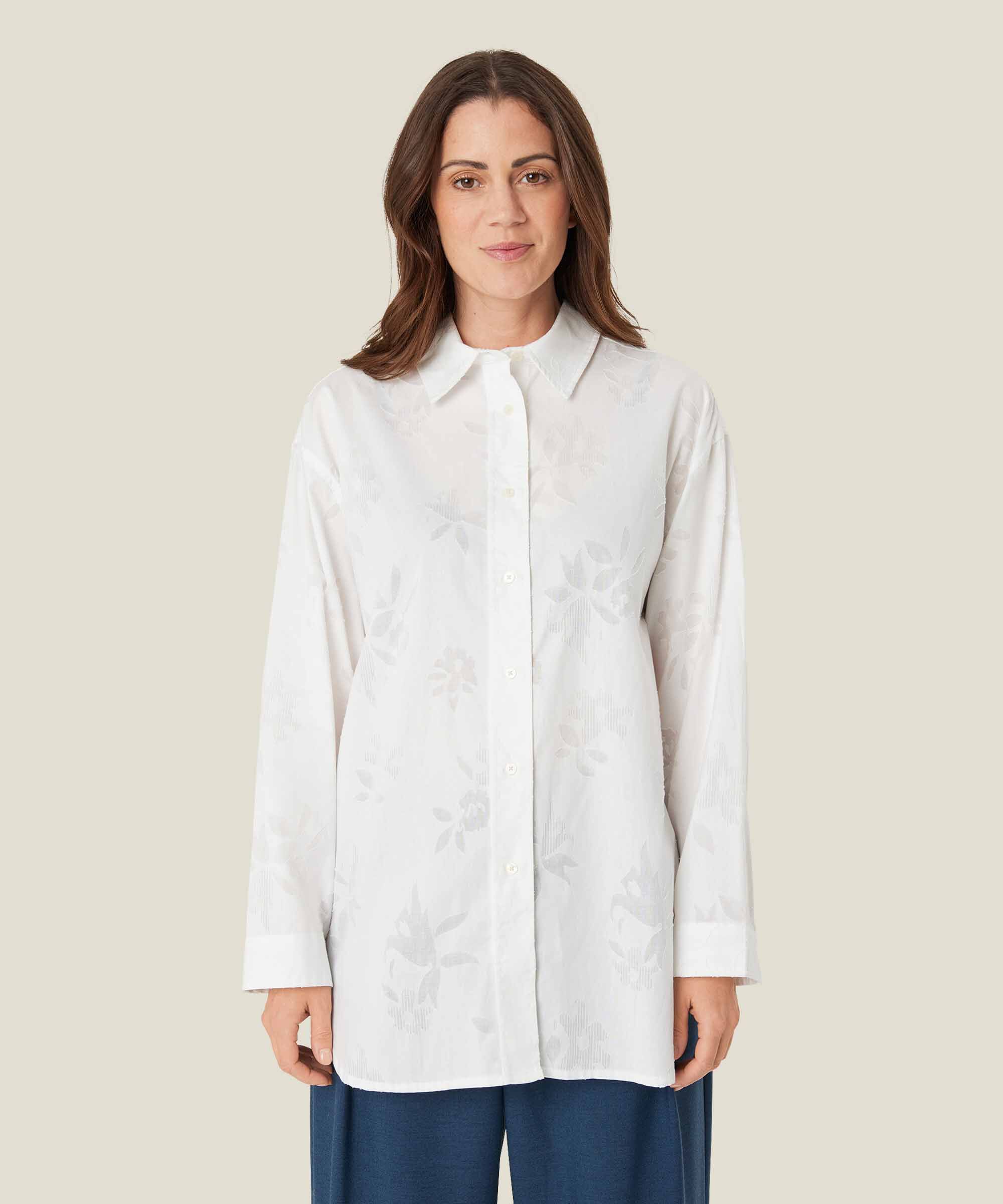 Baumwollhemd mit gewebtem Blumendruck, White