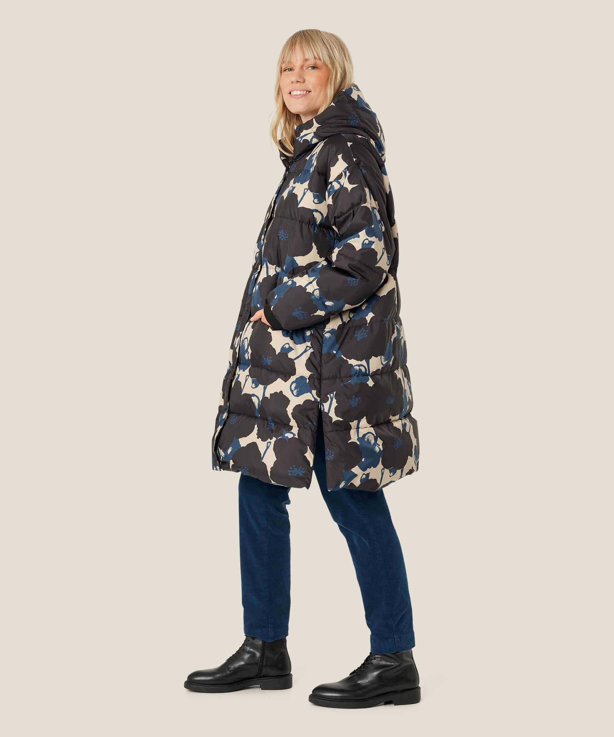 Geblümter Daunenmantel mit Kapuze, Moonlit Ocean