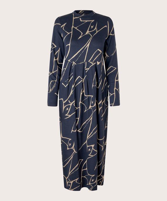 Langes, bedrucktes Tulpenkleid mit Eingrifftaschen, Navy Blazer