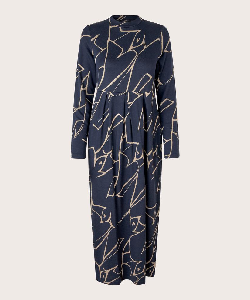 Langes, bedrucktes Tulpenkleid mit Eingrifftaschen, Navy Blazer