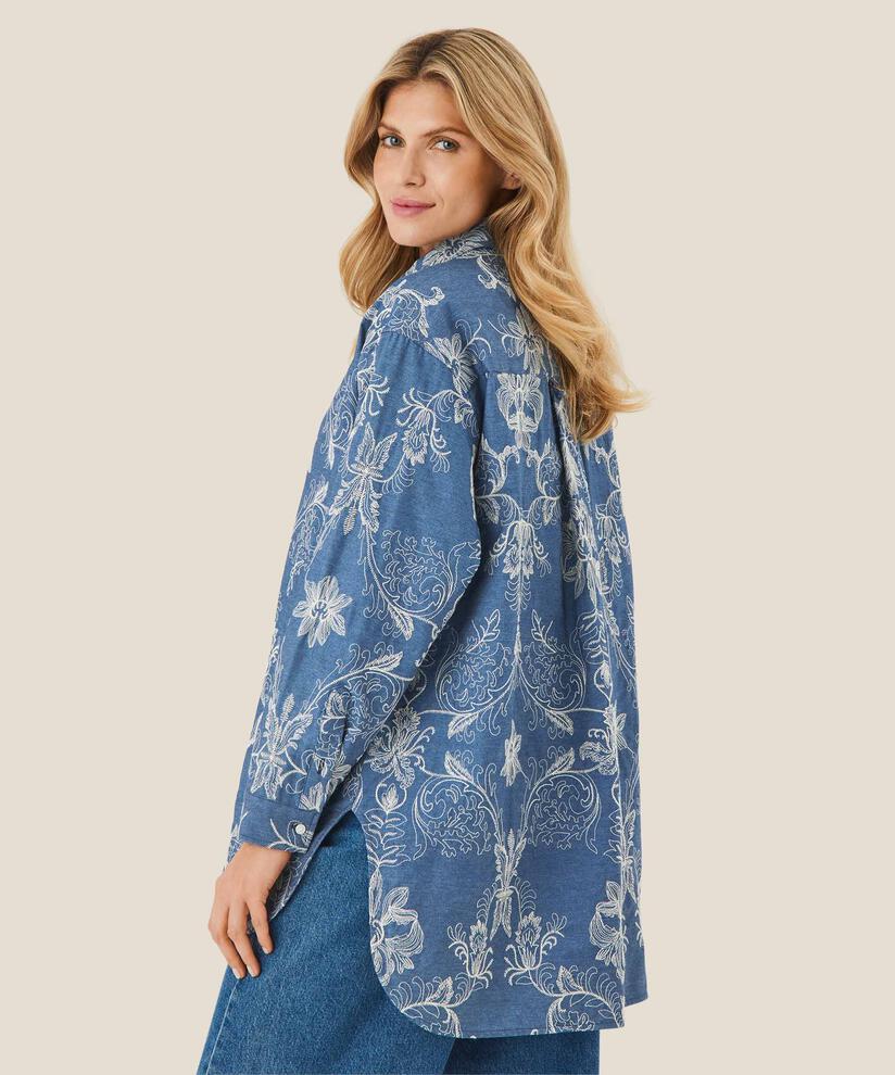Jeanshemdbluse mit Blumenstickerei, Blue Denim