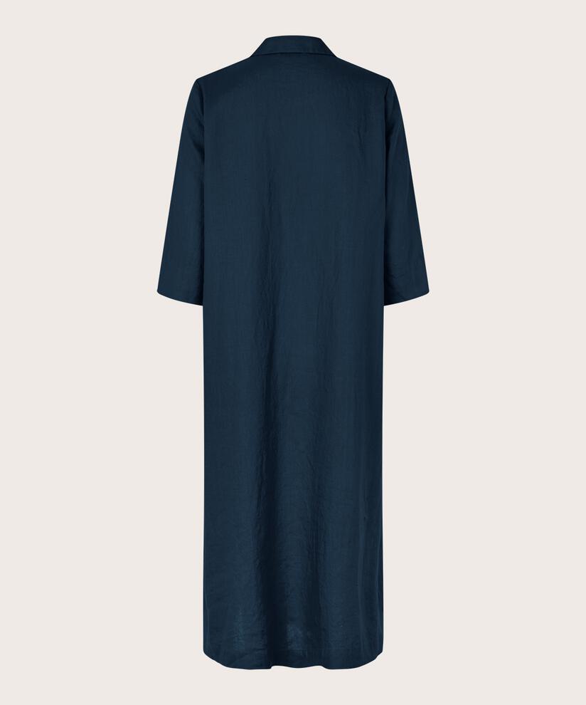 Leinenkleid mit V-Ausschnitt und Taschen, Navy