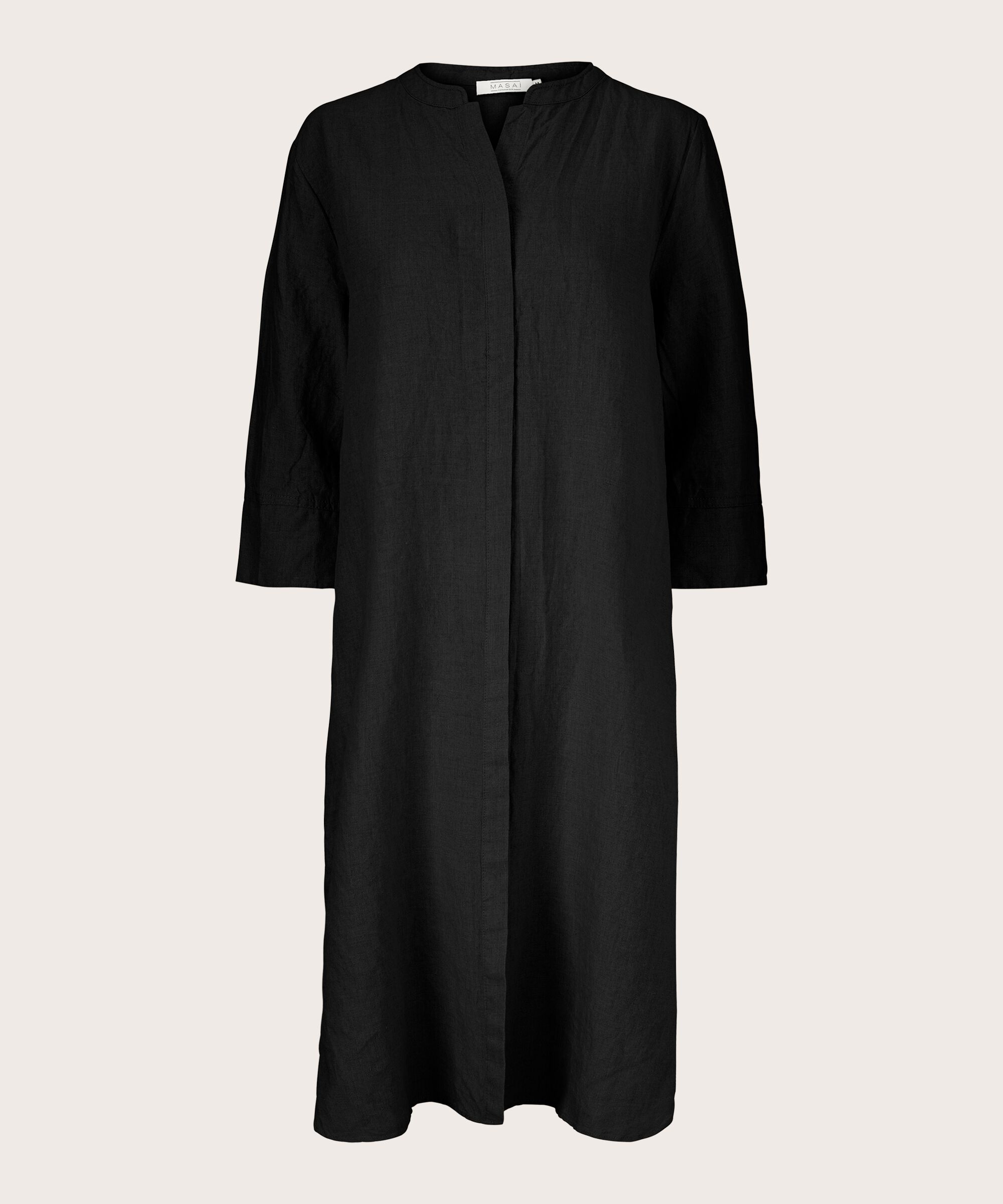 Hemdkleid aus Leinen mit Dreiviertelärmeln, Black