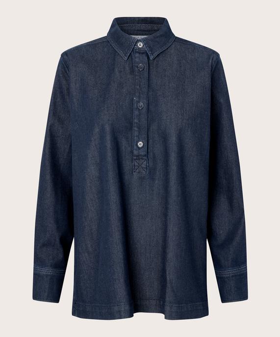 Denim-Bluse mit Kragen und Knopfleiste, Dark Denim