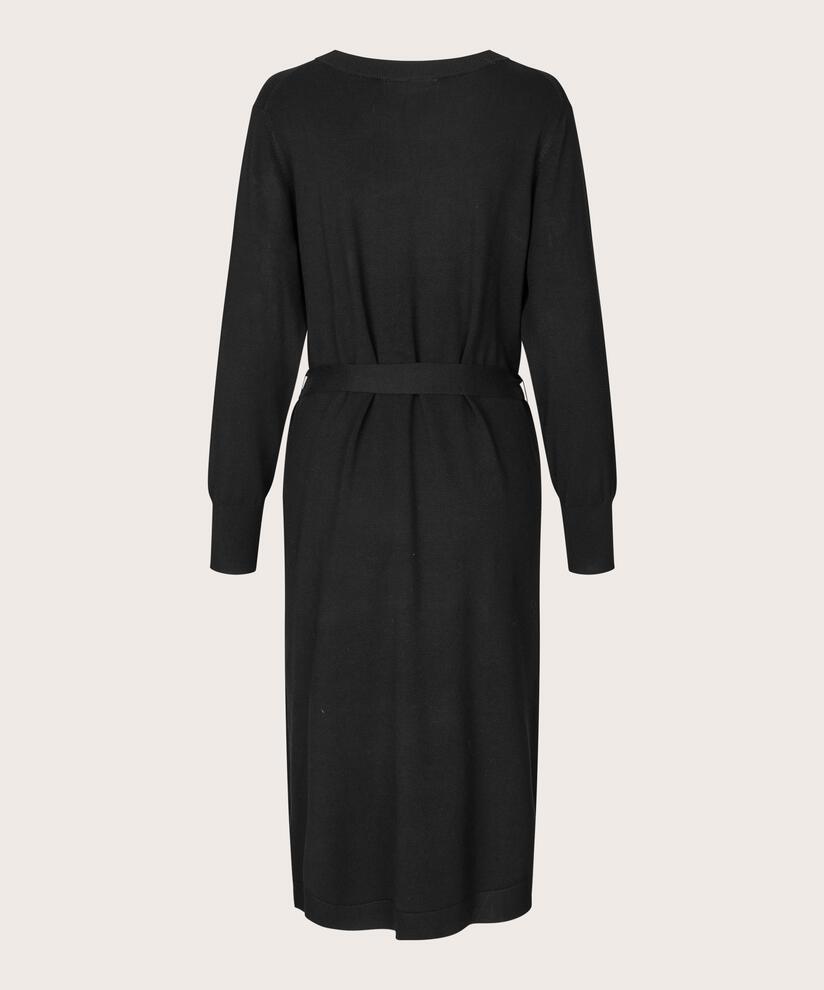 Feinstrickkleid mit langen Ärmeln und Bindegürtel, Black
