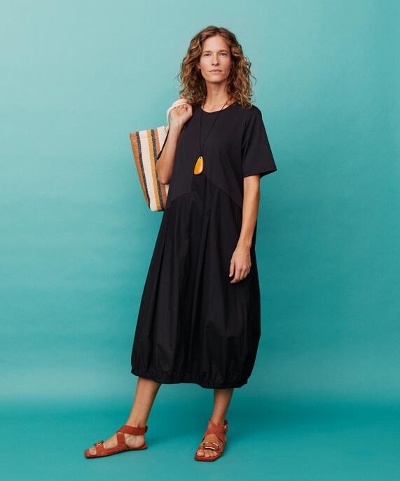 kurzärmliges Kleid aus Jersey und Baumwollpopeline, Black