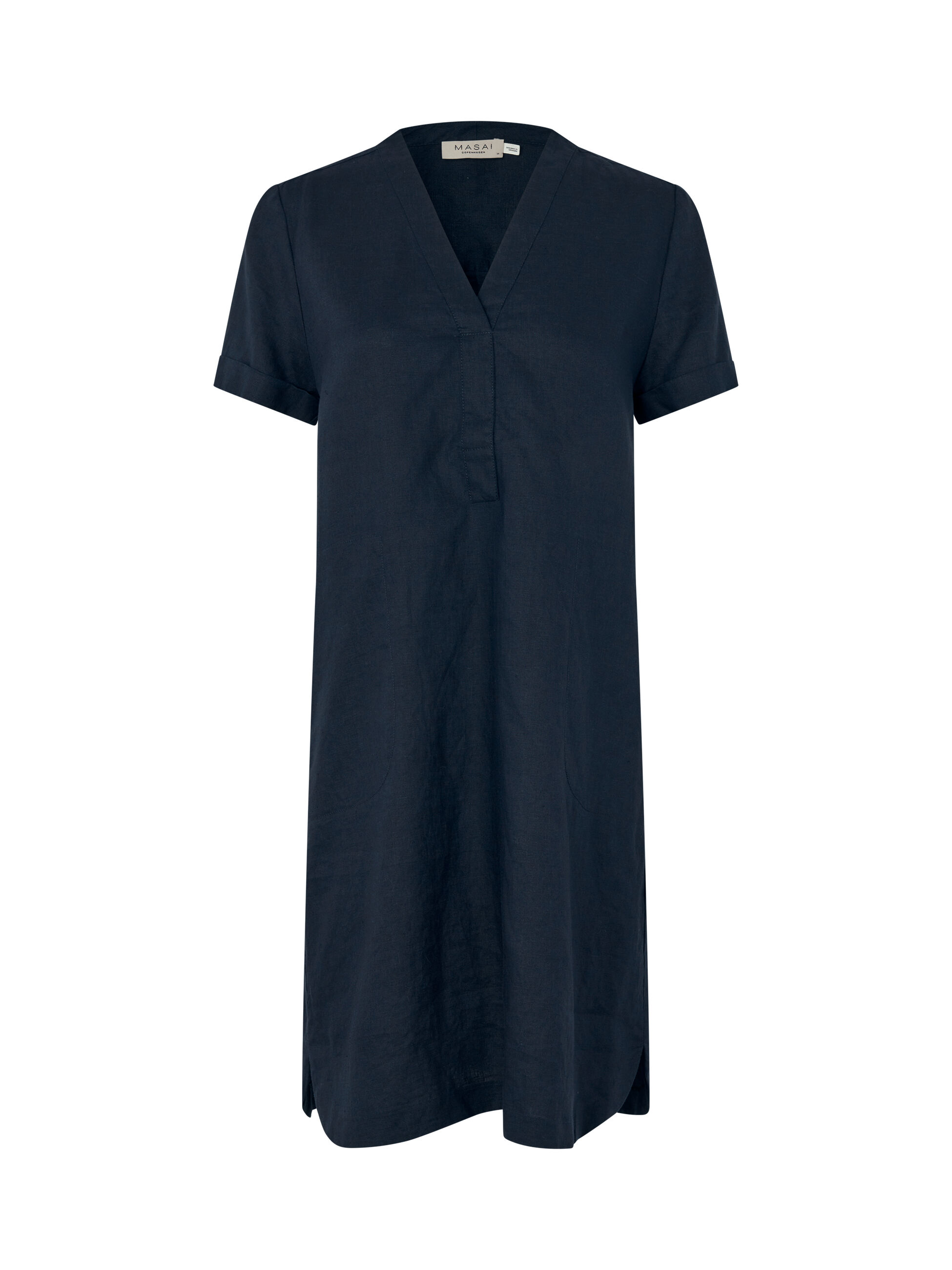 Leinenkleid mit V-Ausschnitt und Eingrifftaschen, Navy
