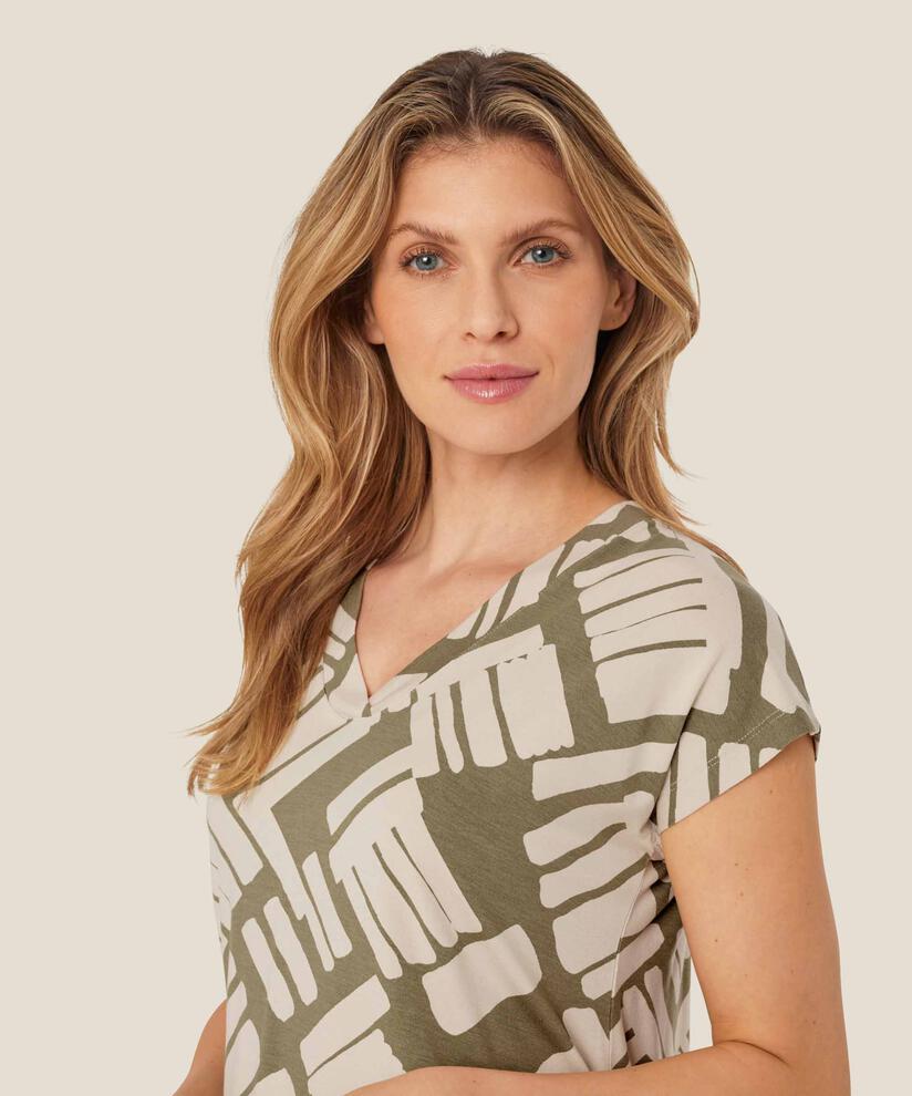 Bedrucktes T-Shirt mit V-Ausschnitt, Dusky Green