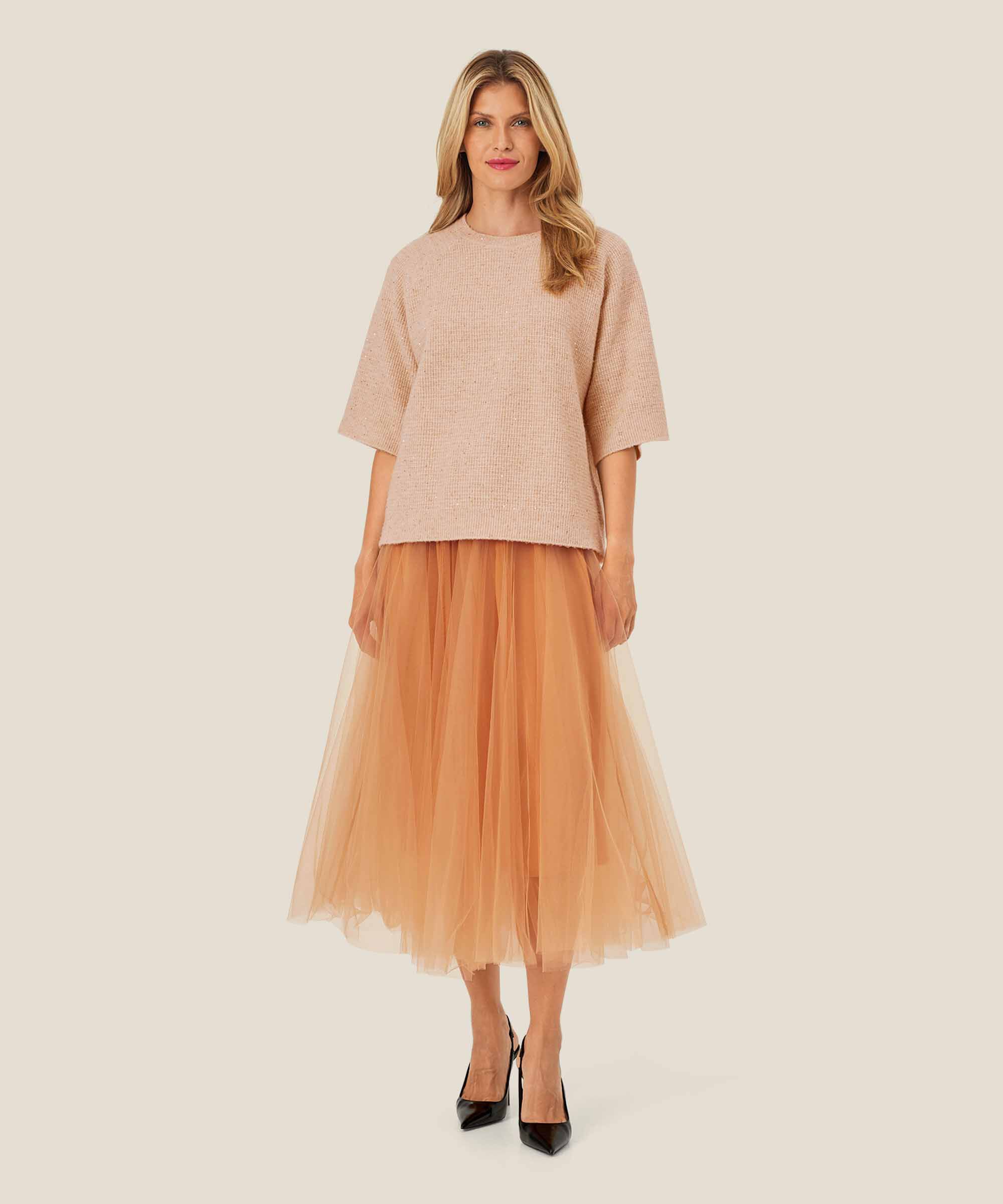 Kurzarmpullover aus Wollmischung mit Pailletten, Bisquit