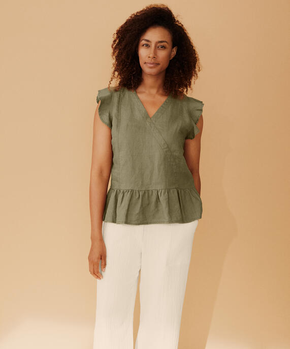 Top aus Leinen mit V-Ausschnitt und Rüschen, Dusky Green