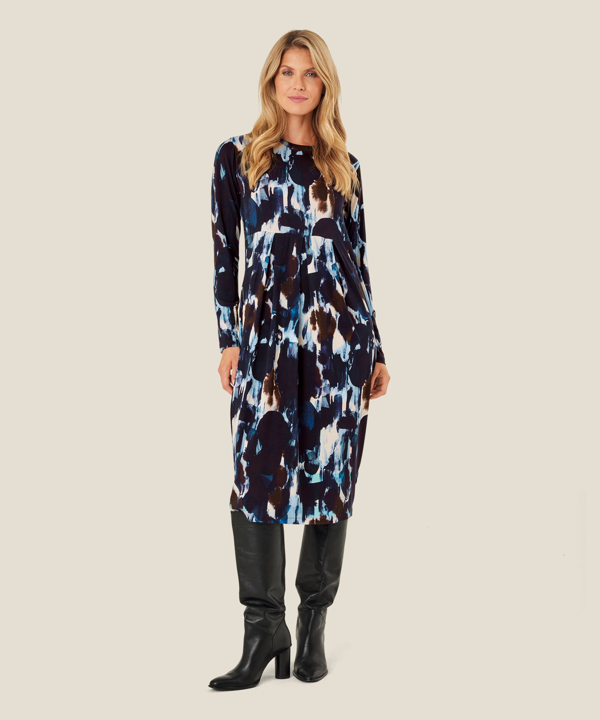 gemustertes Tulpenkleid mit langen Ärmeln, Maritime Blue