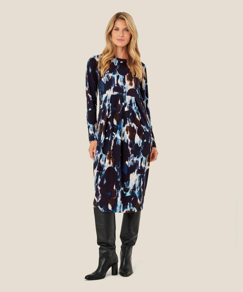 gemustertes Tulpenkleid mit langen Ärmeln, Maritime Blue