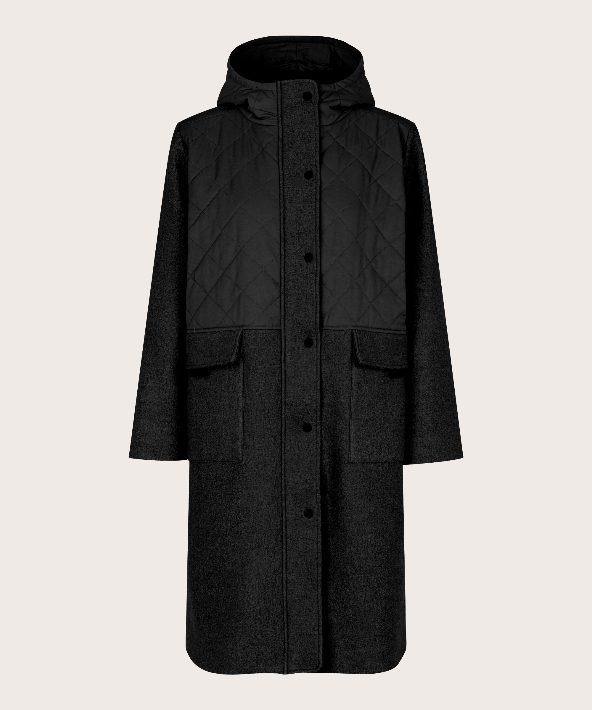 Wollmantel mit Steppdetails und großen Taschen, Black