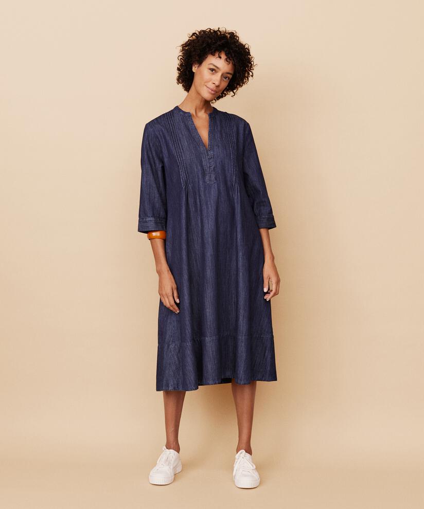 Jeanskleid mit tiefem V-Ausschnitt, Dark Denim