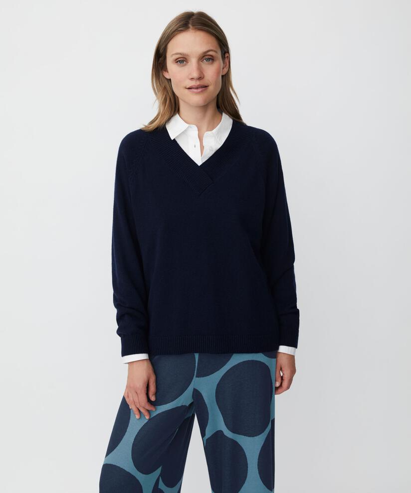 Pullover aus Wollmischung mit tiefem V-Ausschnitt, Navy Blazer