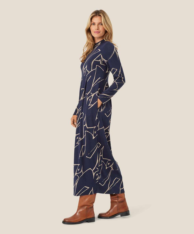 Langes, bedrucktes Tulpenkleid mit Eingrifftaschen, Navy Blazer