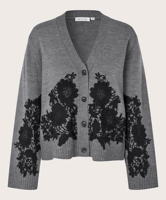 Cardigan mit aufgenähter Spitze und gerippten Kanten, M. Grey mel.