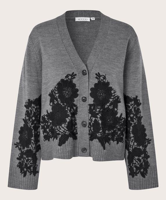 Cardigan mit aufgenähter Spitze und gerippten Kanten, M. Grey mel.
