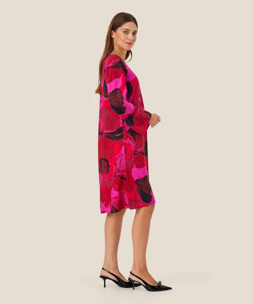 Bedrucktes Viskosekleid mit Rundhalsausschnitt, Haute Red