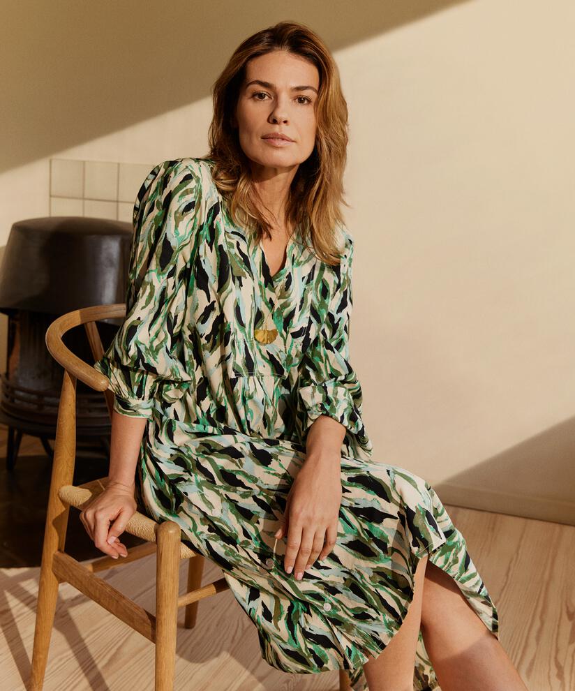 Bedrucktes Kleid mit V-Ausschnitt und Falten hinten, D. Lichen Green