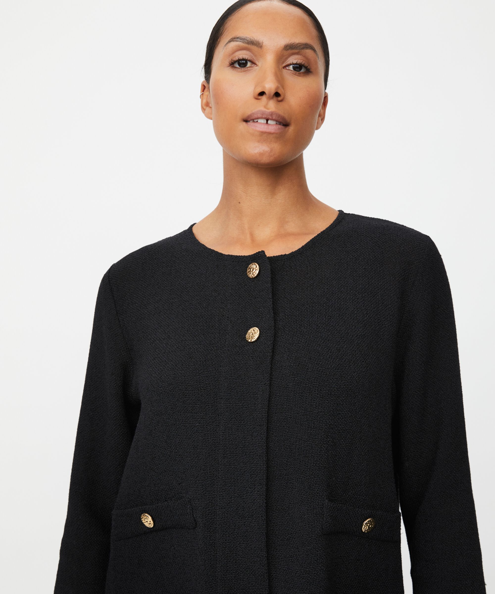 Bouclé-Jacke mit Taschen und goldenen Knöpfen, Black