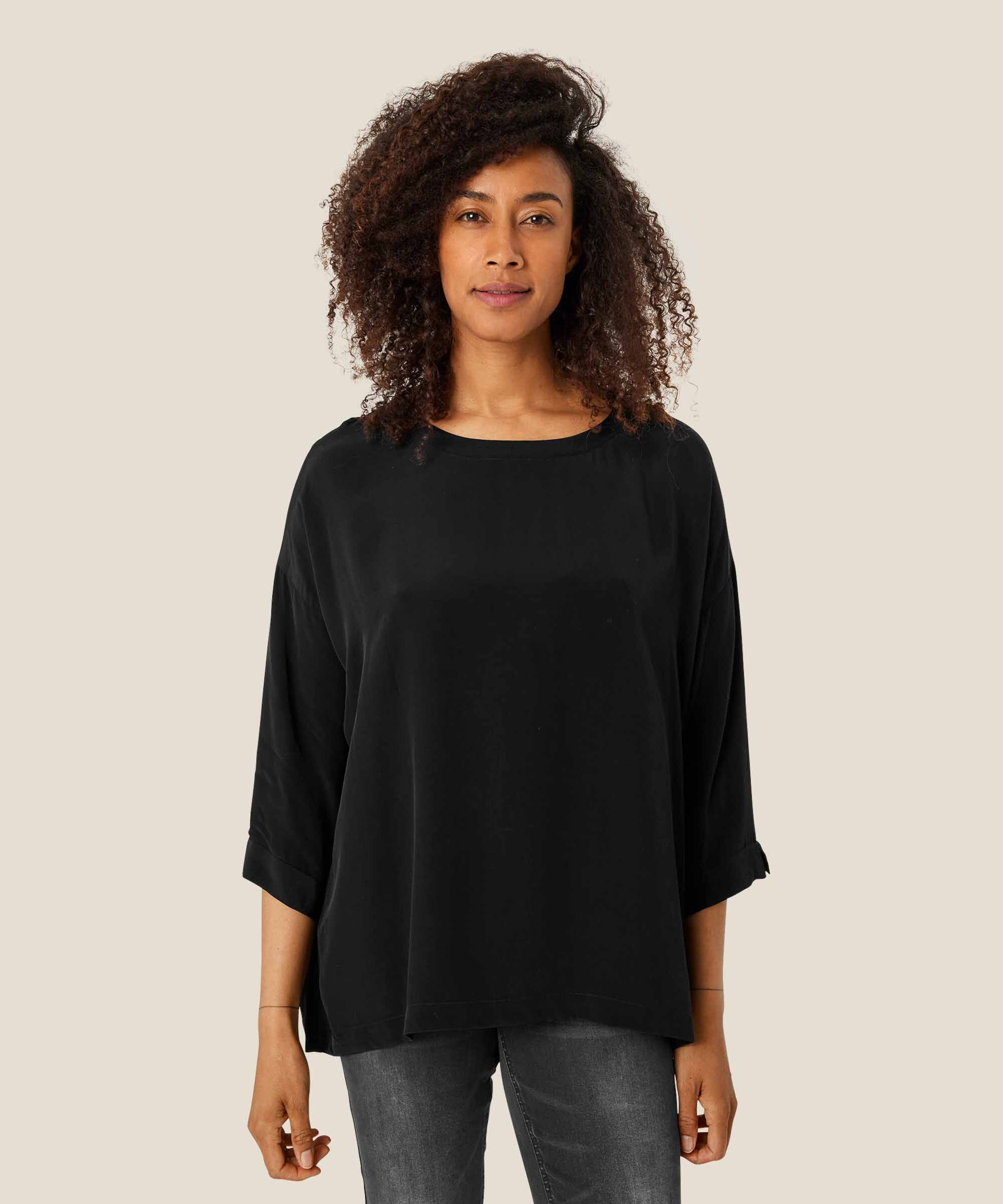 Viskosebluse Mit 3/4 Ärmeln, Black