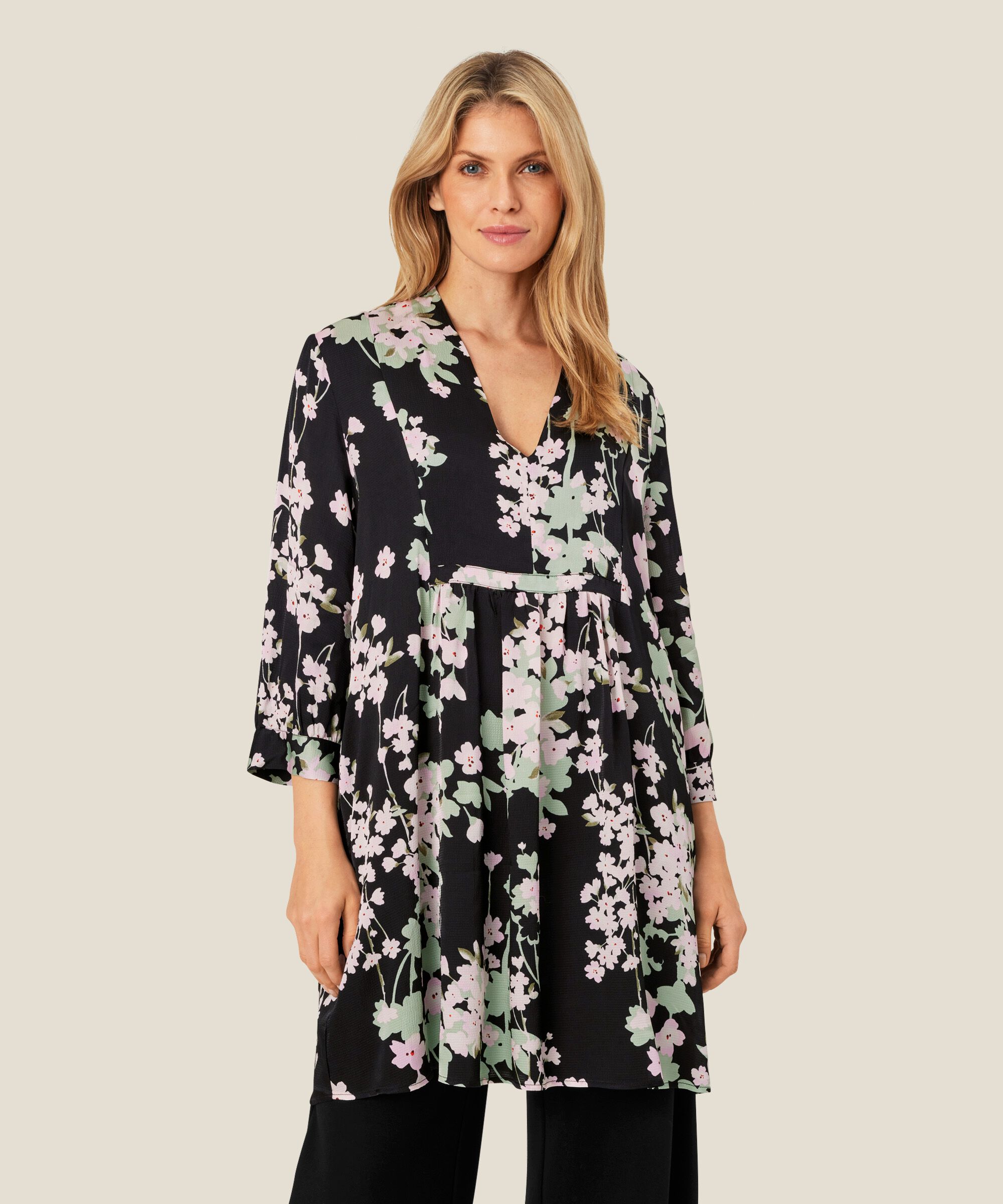 Geblümte Viskose-Tunika mit V-Ausschnitt, Pink Lady