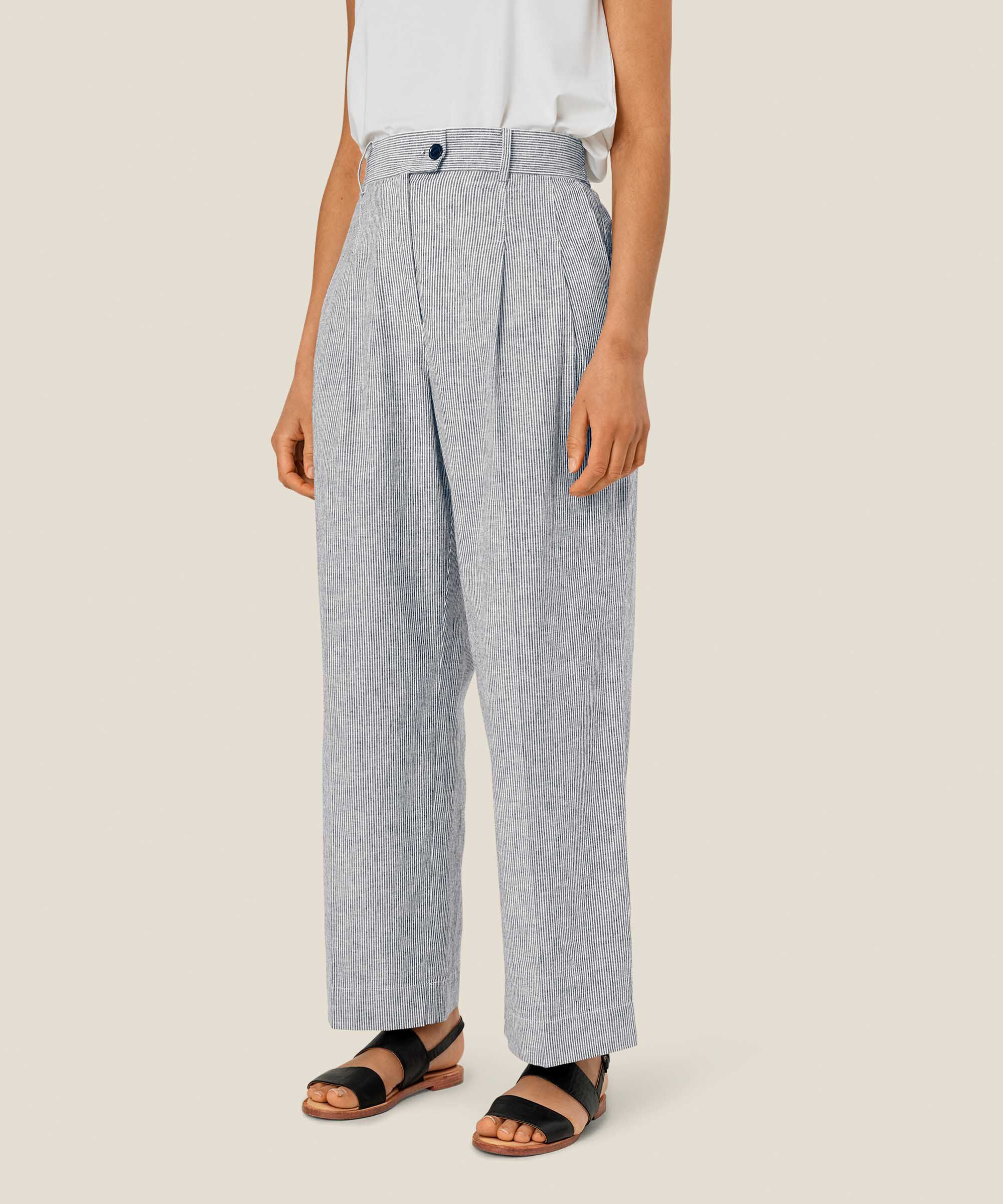 Gestreifte Hose aus Leinenmischung mit Gummizug hinten, Black