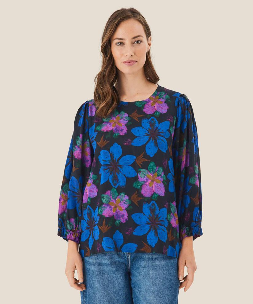 Viskosebluse mit Rundhalsausschnitt, Wild Aster
