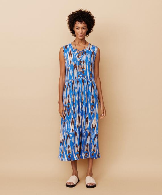 Bedrucktes Jerseykleid mit Bindebändern am Hals, Nebulas Blue