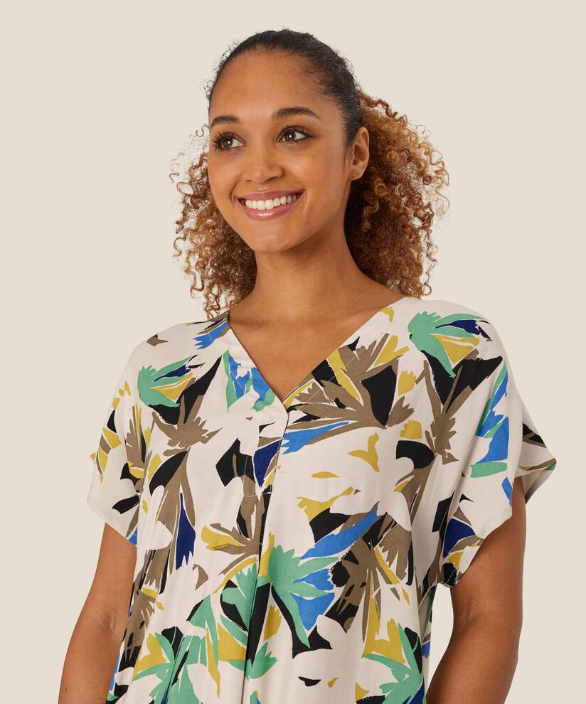 Kleid aus bedruckter Viskose mit V-Ausschnitt, Dusky Green