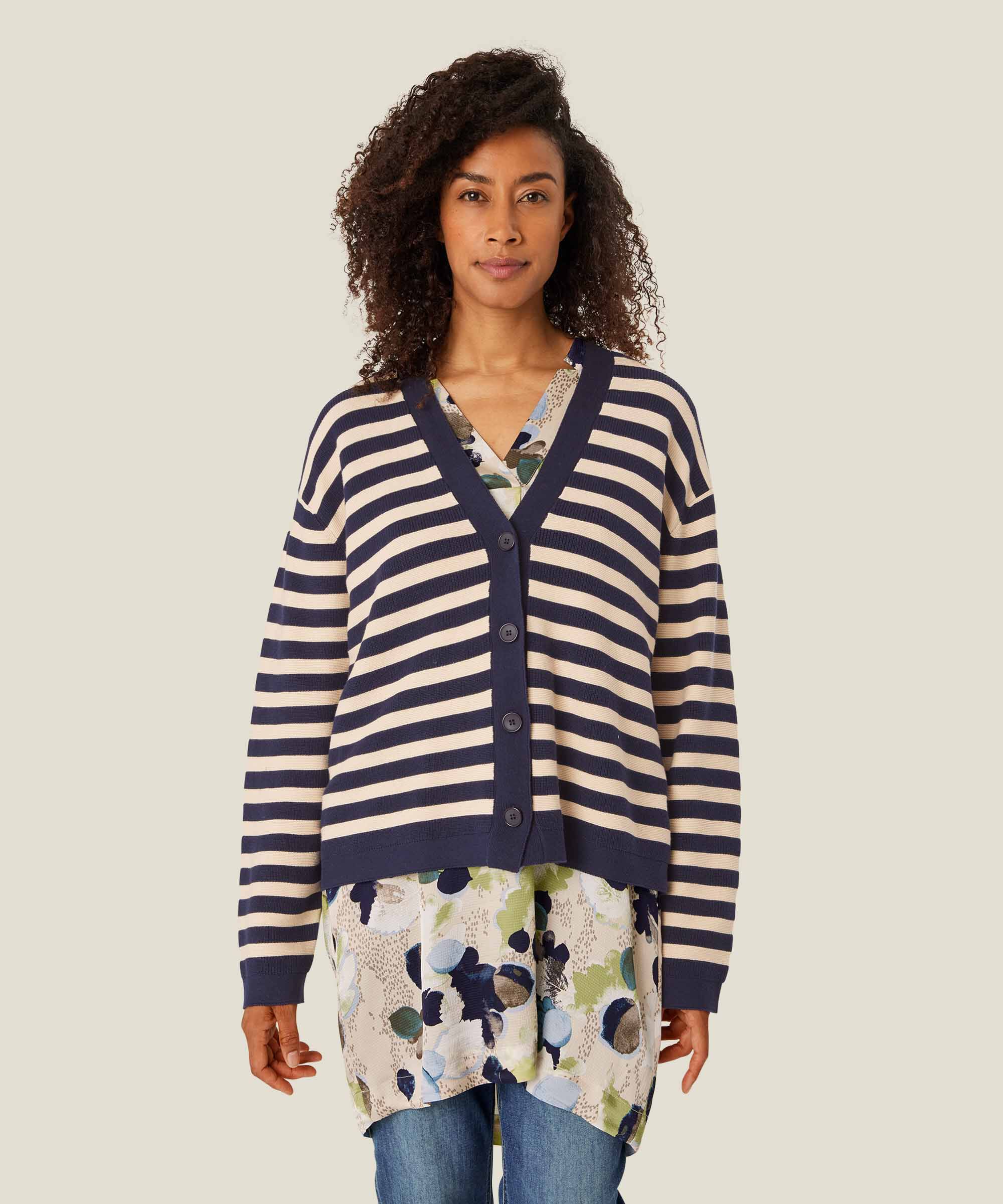 Gestreifter Cardigan aus Baumwolle, Maritime Blue