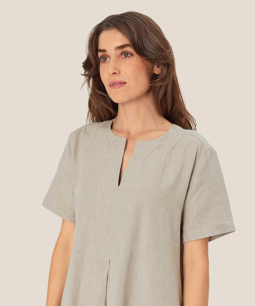 kurzärmliges Leinenkleid mit Eingrifftaschen, Natural