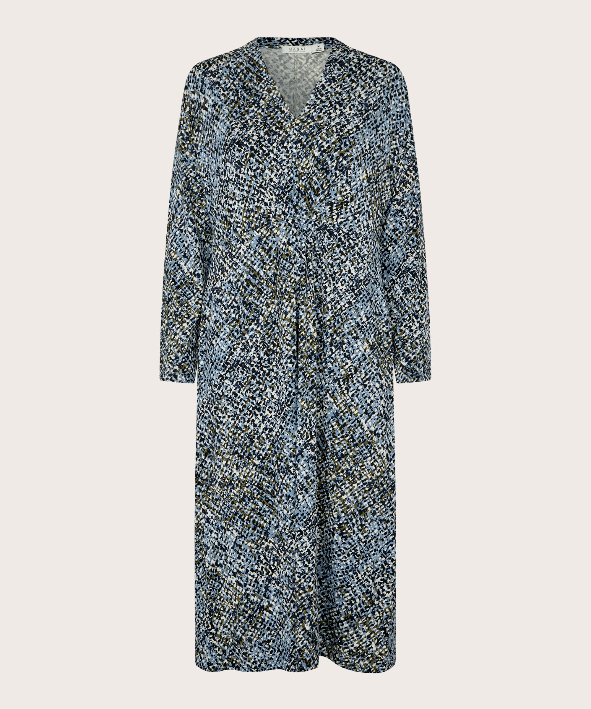 gemustertes Jerseykleid mit Eingrifftaschen und V-Ausschnitt, Proven Blue