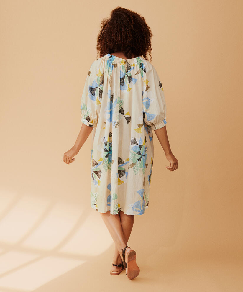 Gemustertes Baumwollkleid mit elastischem Saum am Hals, Marina
