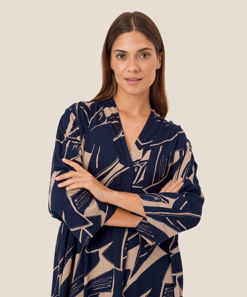 Viskosekleid mit V-Ausschnitt und 3/4-Ärmeln, Navy Blazer
