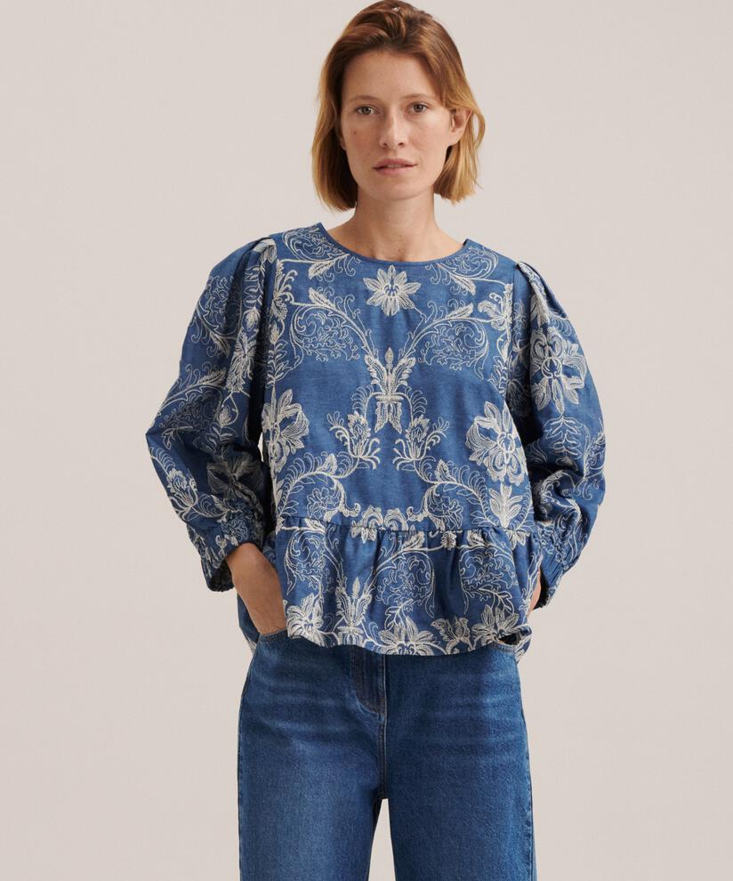 Jeansbluse mit Blumenstickerei, Blue Denim