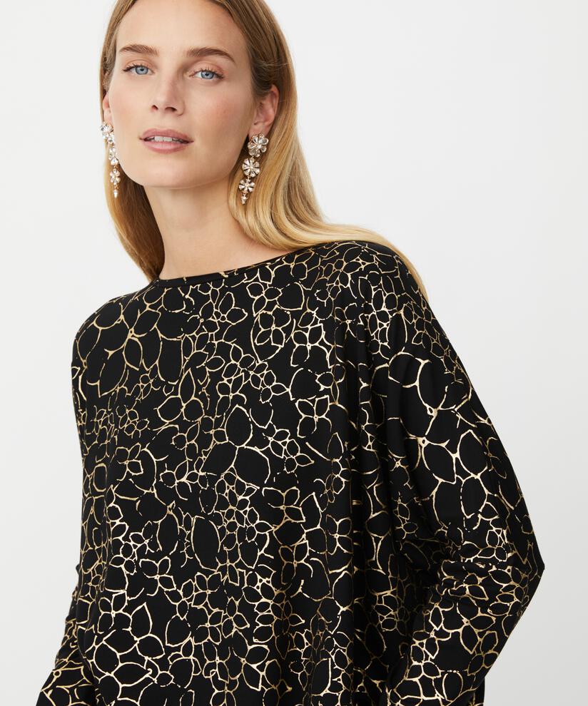 Oversize-Jersey-Top mit schmalen Ärmeln und Goldprint, Gold