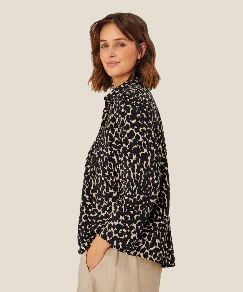 Baumwollhemdbluse mit Leopardenmuster und Dreiviertelärmeln, Black
