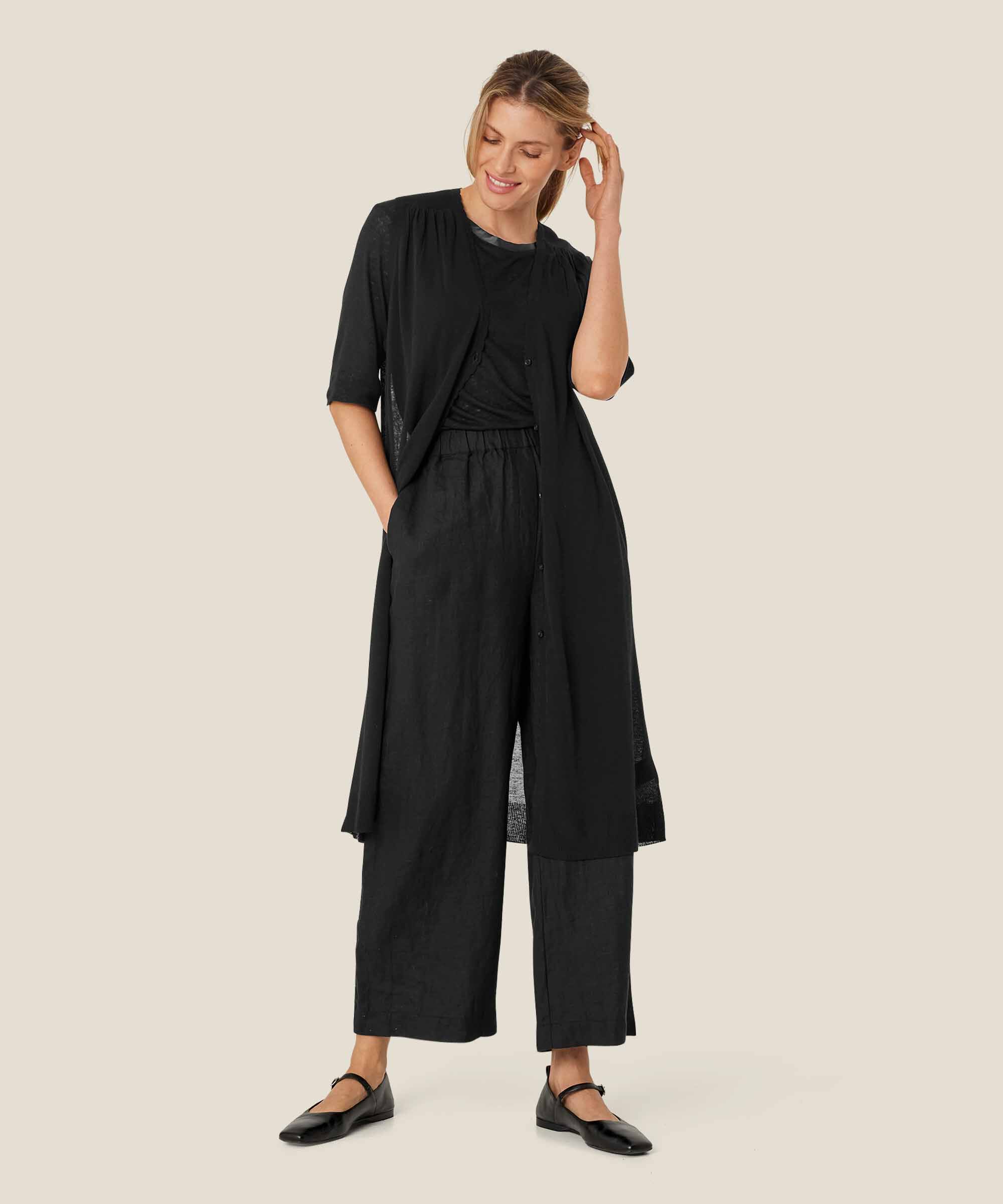 langer Cardigan aus Leinenmischung, Black